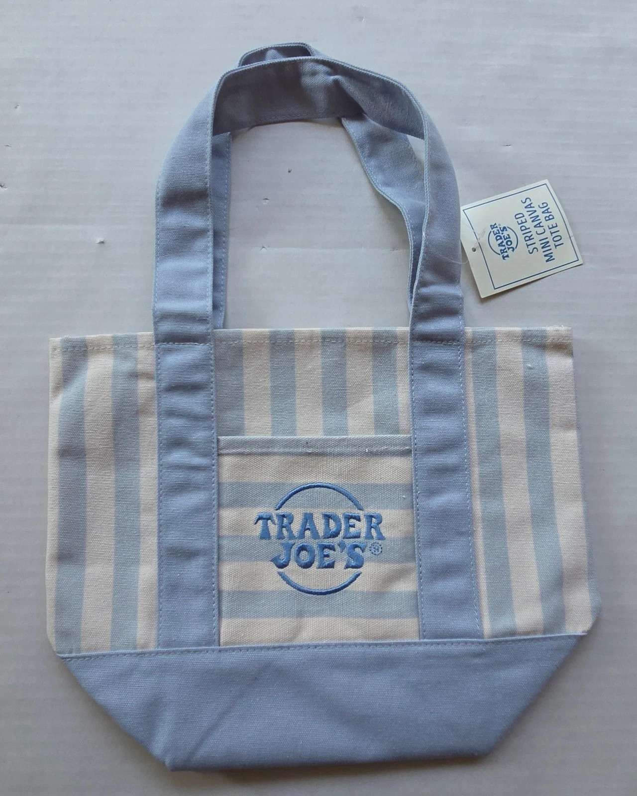 Trader Joe’s MINI Canvas Reusable Bag, with Off White or Tan, LIGHT BLUE STRIPES