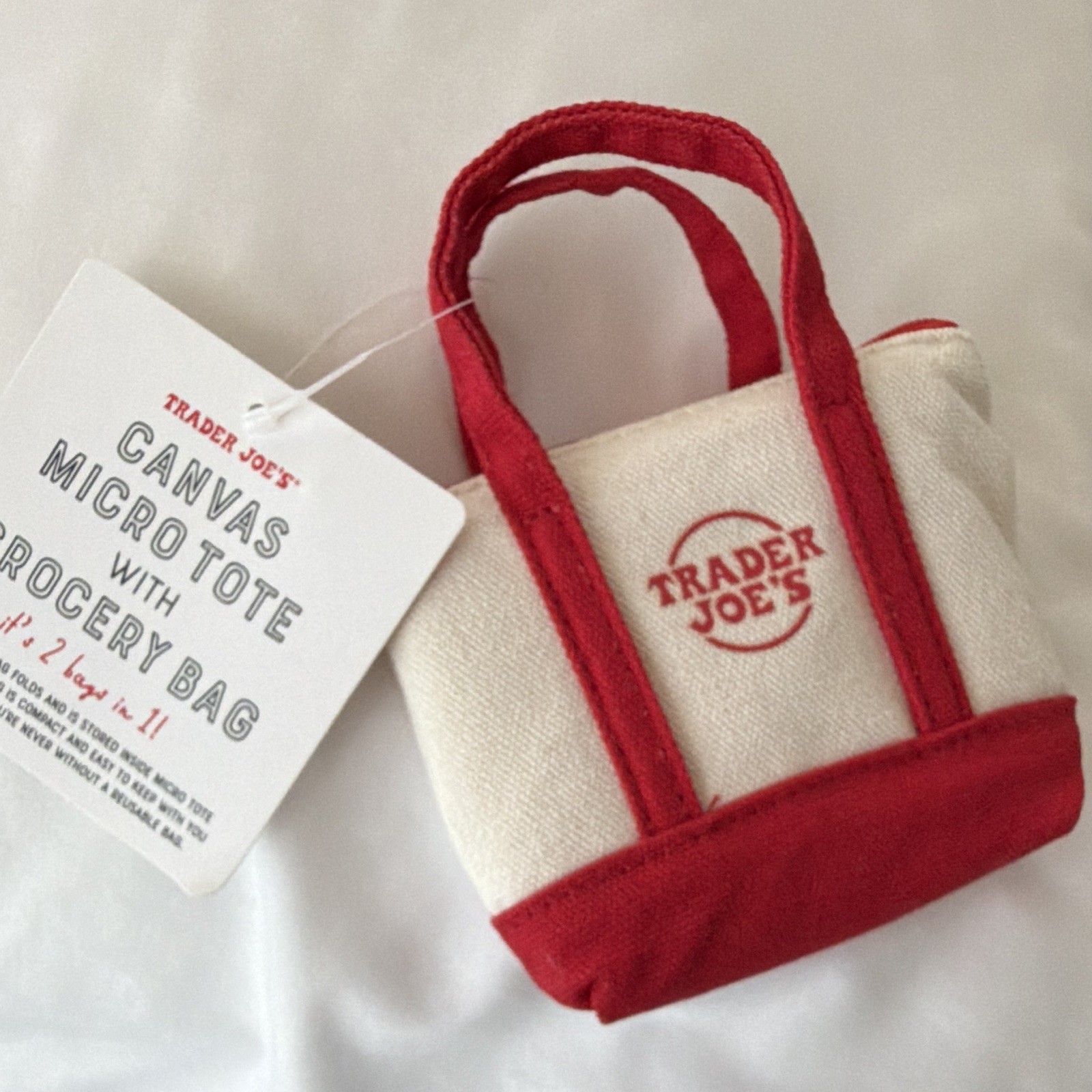 Trader Joe’s Canvas Micro Tote Bag Reusable Grocery Tote Red Beige 6x2x2 in