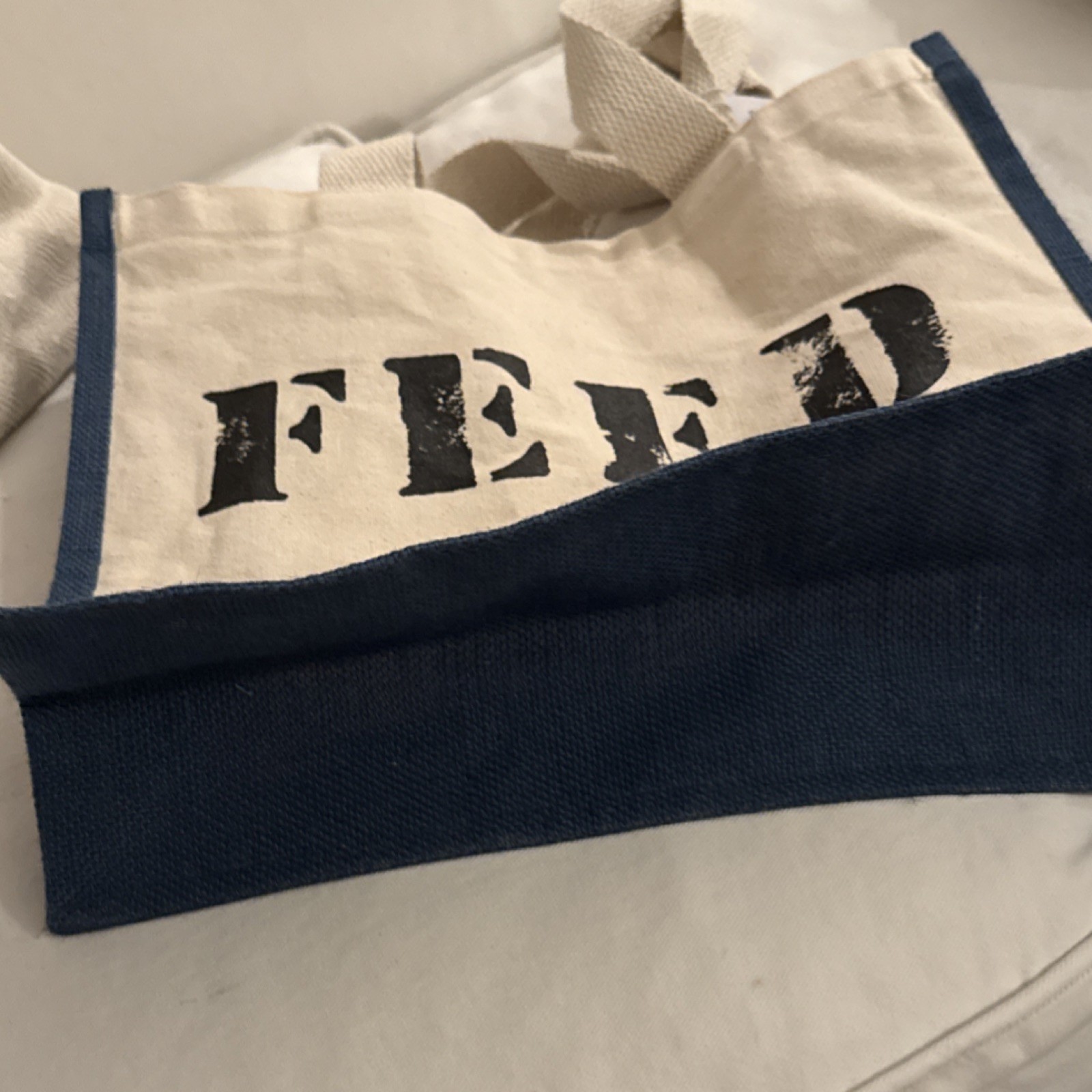 FEED Canvas Reusable Shopping Bag Solid Beige Blue Trim Eco-Friendly Plain Tote
