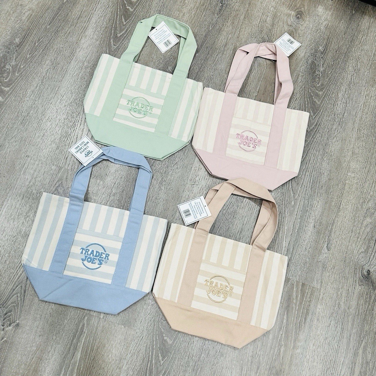 TRADER JOE’S MINI PASTEL STRIPE CANVAS TOTE BAGS SET Of 4 PINK BLUE GREEN BEIGE