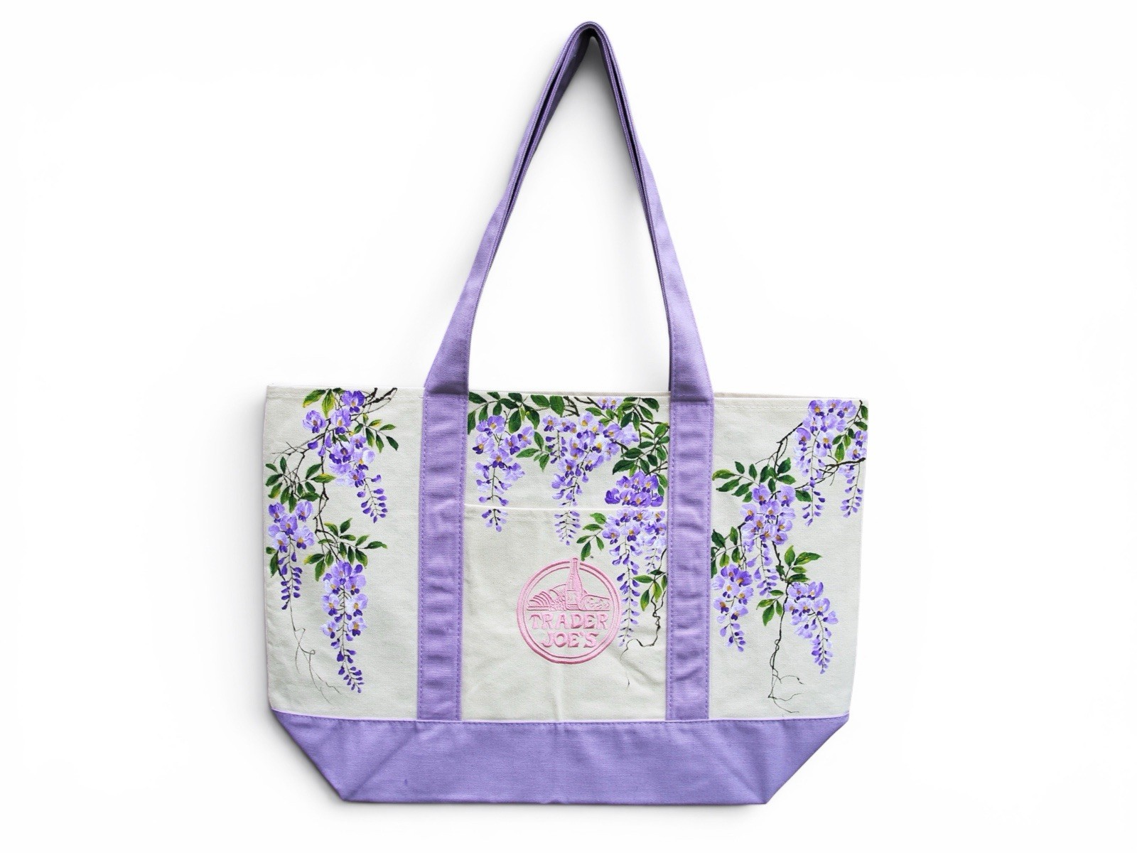 Hand Painted Trader Joe’s Large Canvas Tote Bag Lavender Wisteria Floral Purple