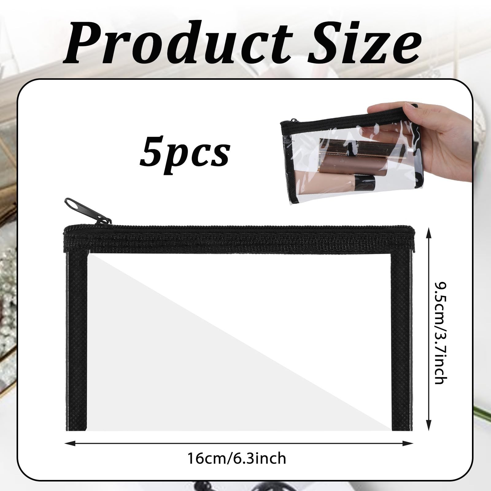 5 Pcs Small Clear Makeup Pouches, Waterproof Cosmetic Bag with Zipper Black