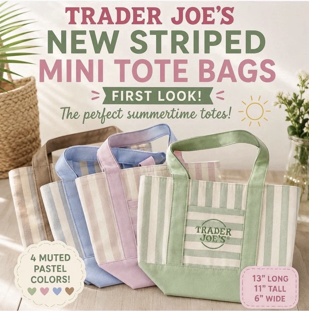 4 Pack Trader Joe’s Limited Edition 2026 Drop Mini Stripe Canvas Tote Bag NEW