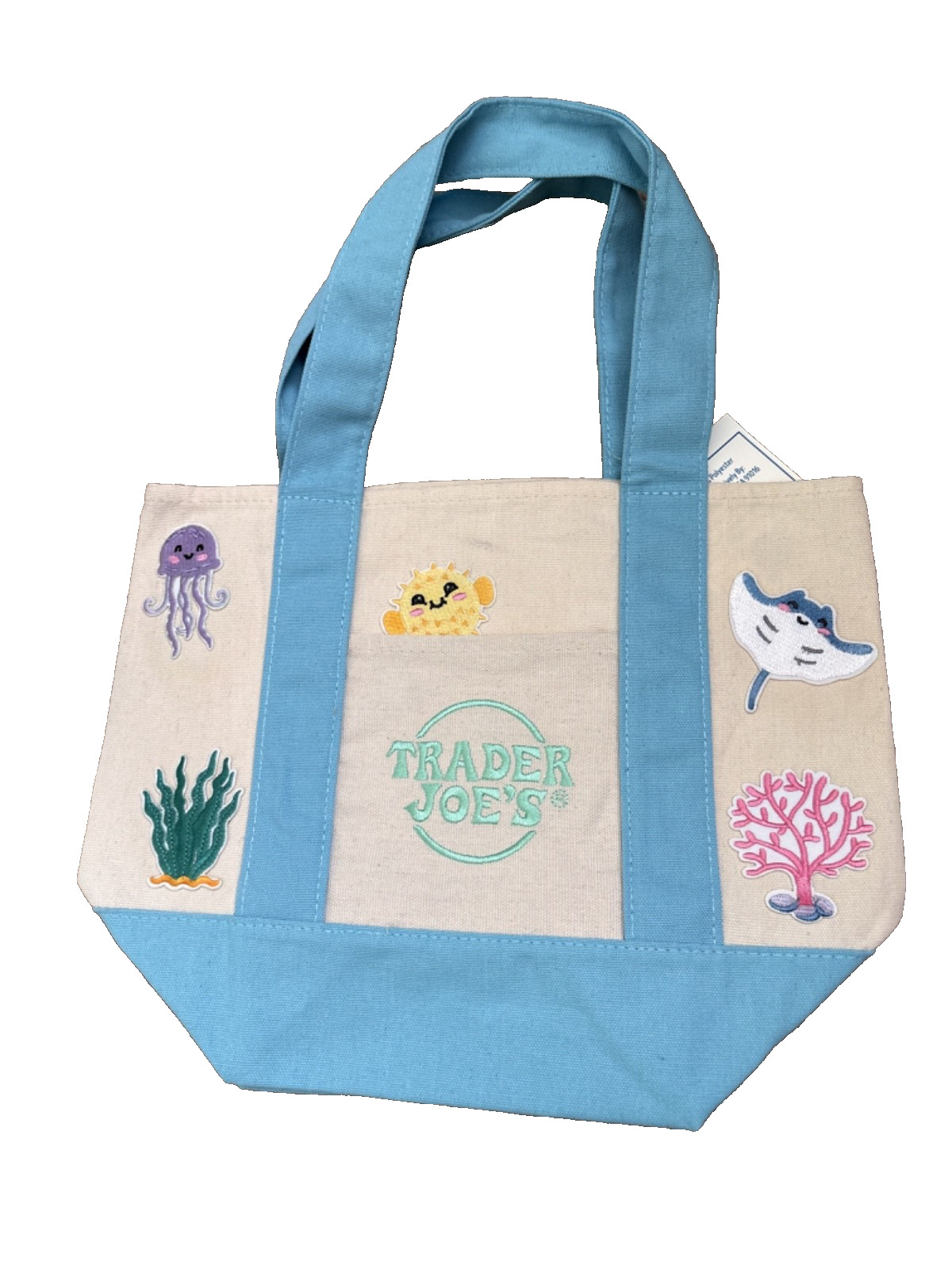 NWT Trader Joes Mini Pastel Blue Canvas Tote Bag with playful patches