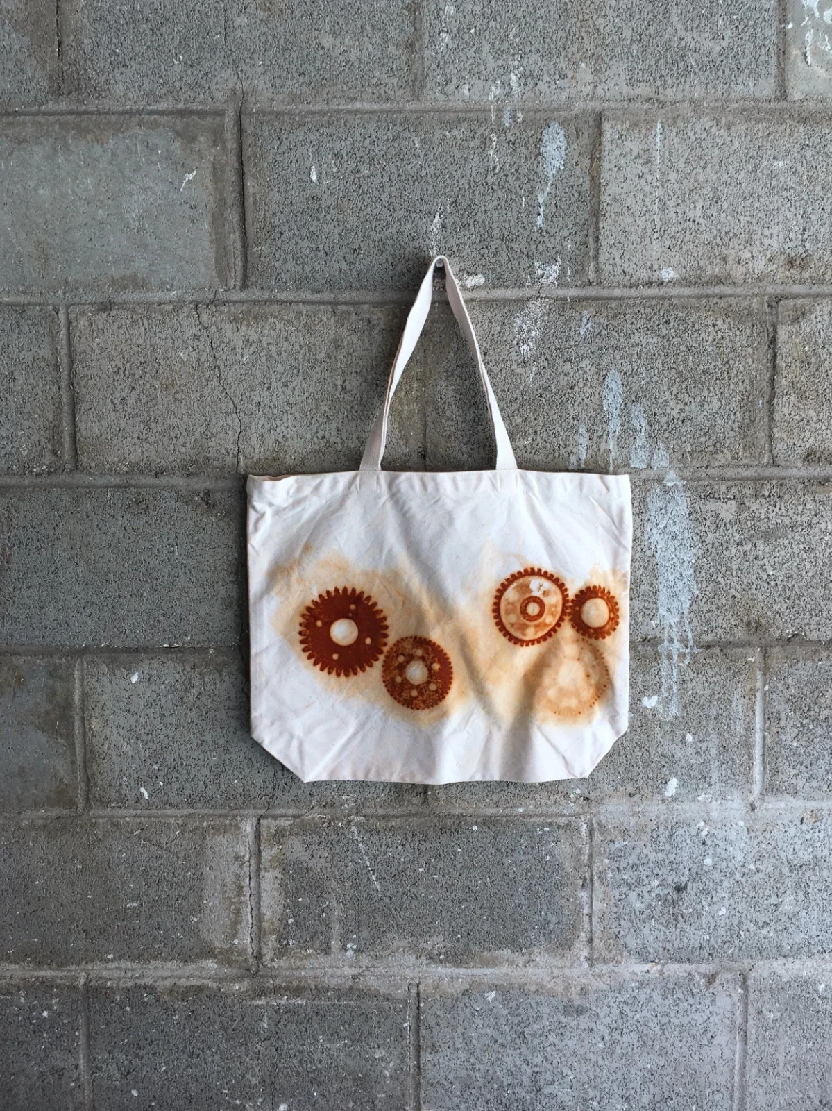 Organic Cotton Farmers Market Tote Bag Rusty Gears Handmade XL 18×14.5 Rust Dyed