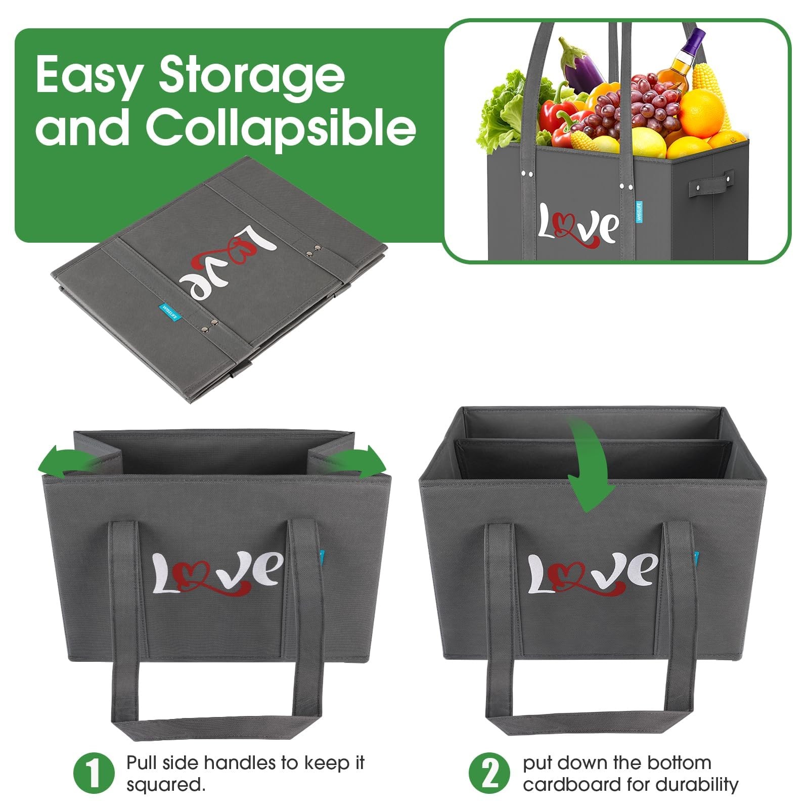 Reusable Grocery Bags Heavy Duty Foldable Shopping Tote Handles Bottom 4 PCS
