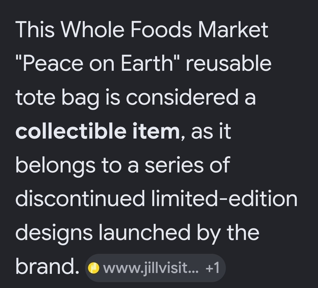 WHOLE FOODS “PEACE ON EARTH” BETTER BAGS REUSABLE TOTE BAGS – SET OF 2/SM & LG