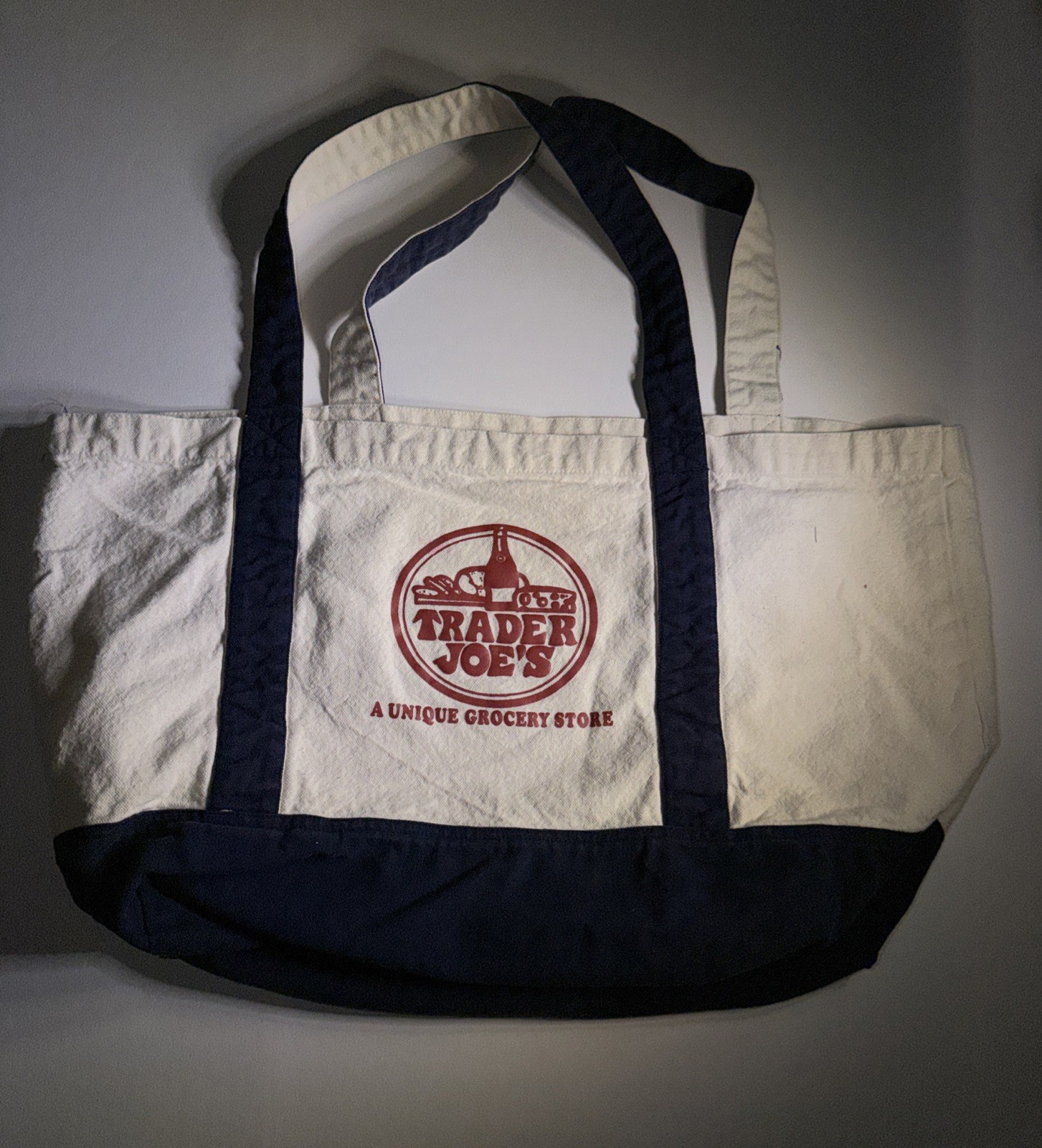 Vintage Trader Joe’s A Unique Grocery Store Blue White Canvas Bag Rare 90’s 80’s