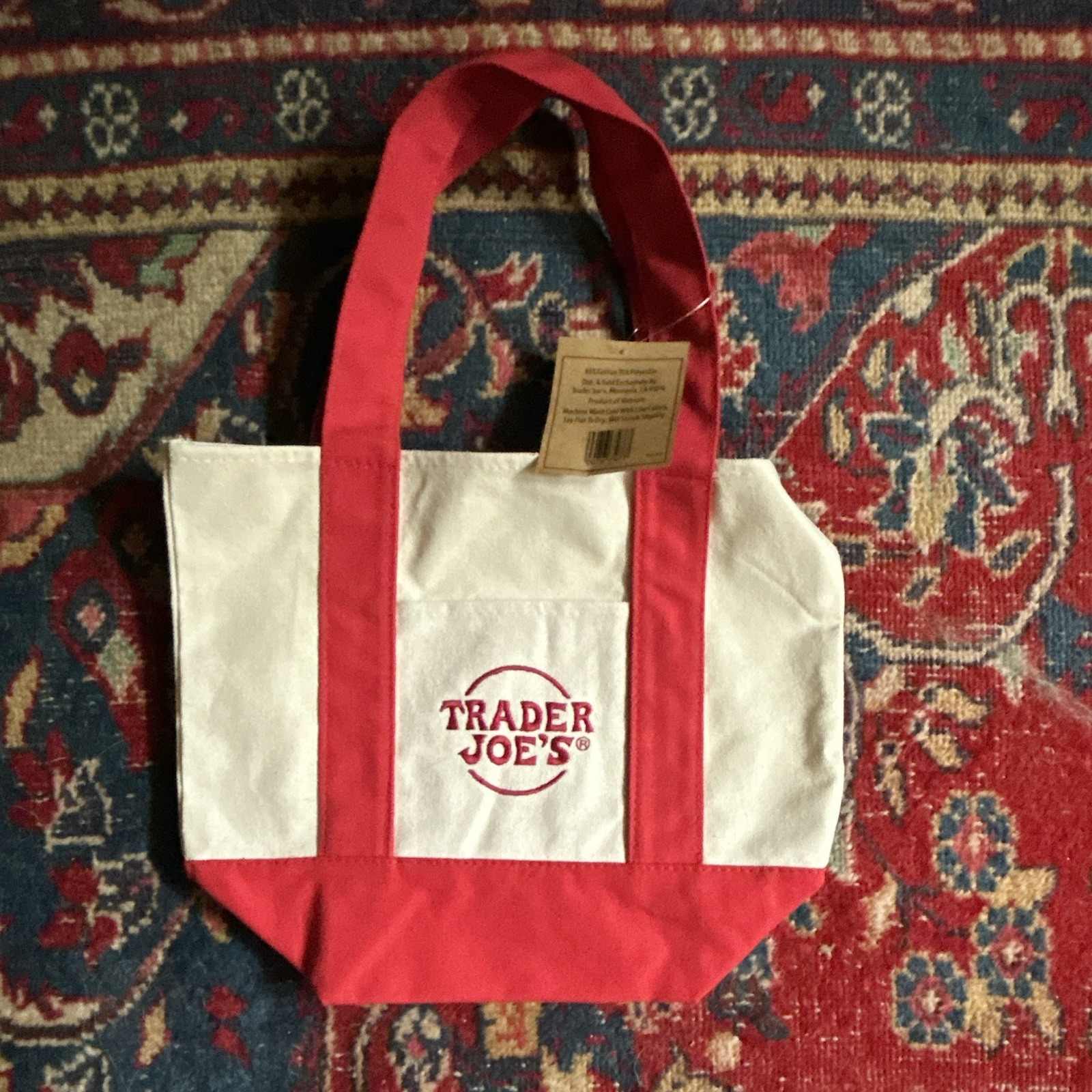 Trader Joe’s Red & White Canvas Logo Tote Bag Small 13×10 in Reusable New