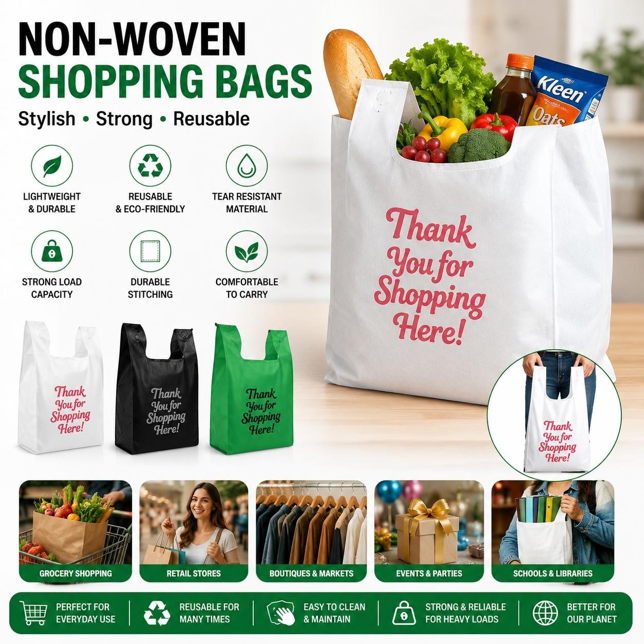 100pcs White Non Woven Shopping Bags, 1/8 Medium, Strong, Reusable 11x5x18.5″