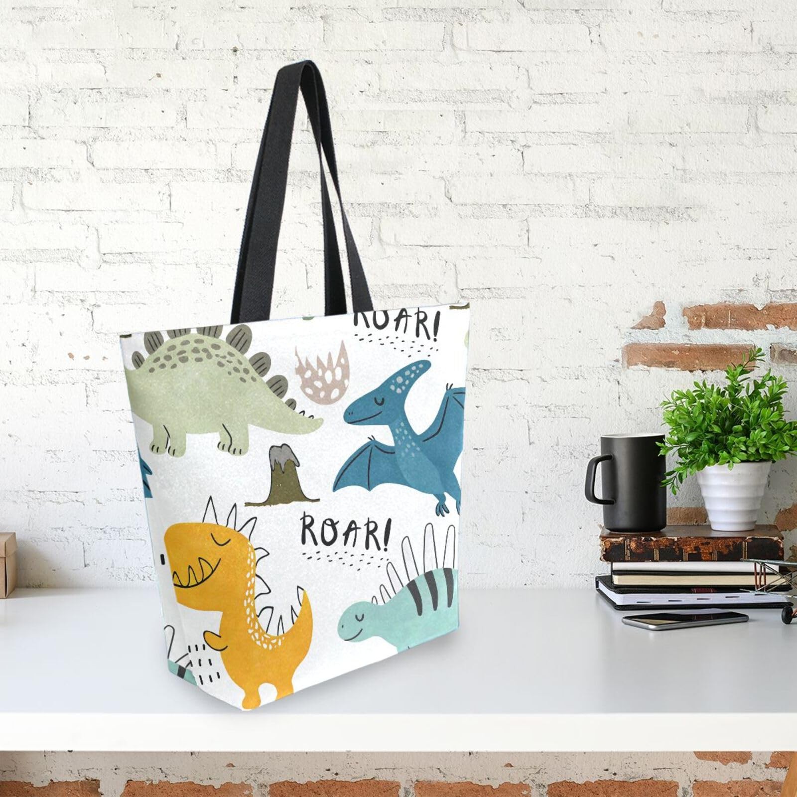 Dinosaur Canvas Tote Bag Large Women Casual Shoulder Bag Handbag, Reusable Sh…