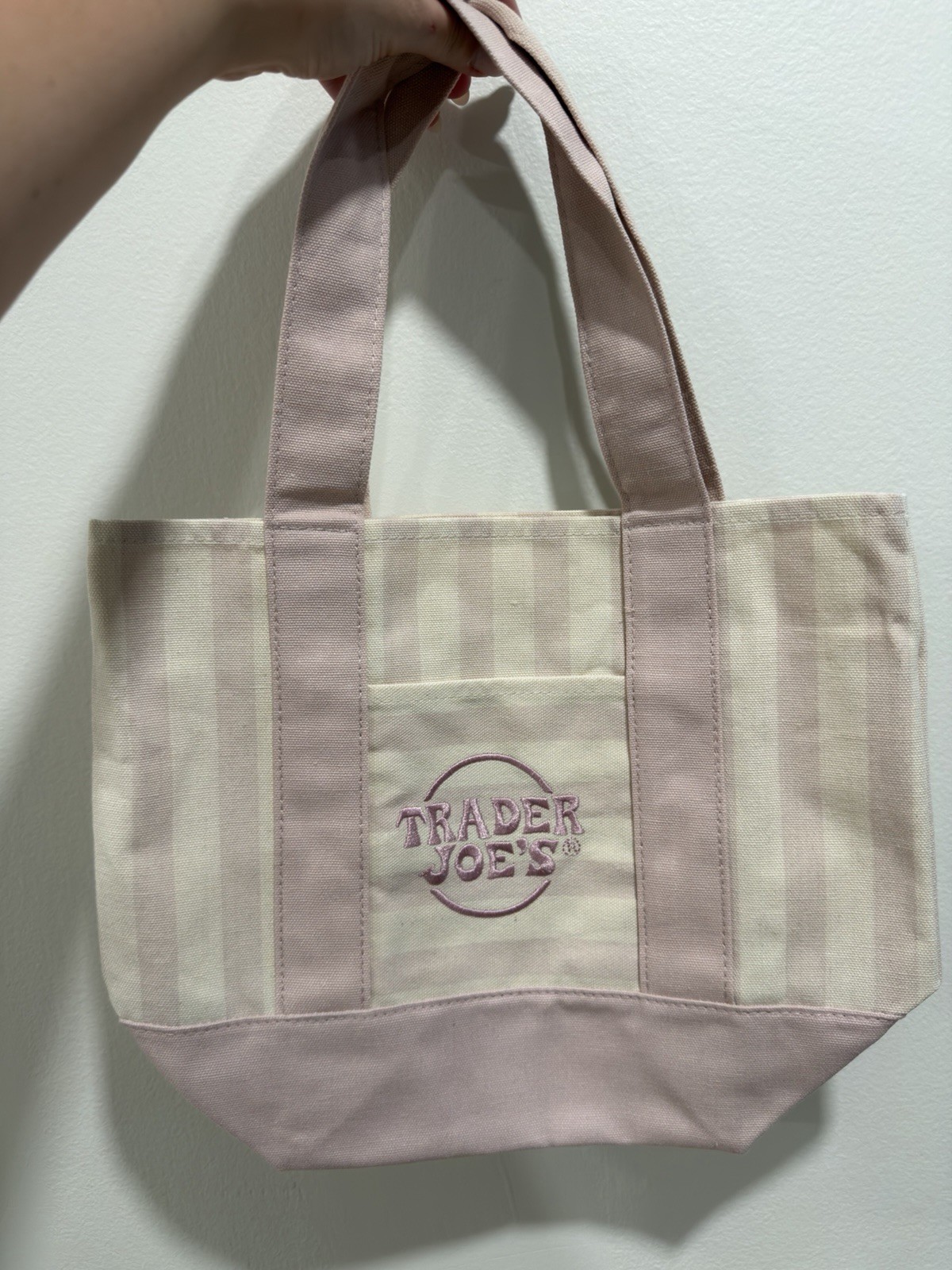 Trader Joe’s Striped Mini Canvas Tote Bag Reusable Cotton/Poly Pink