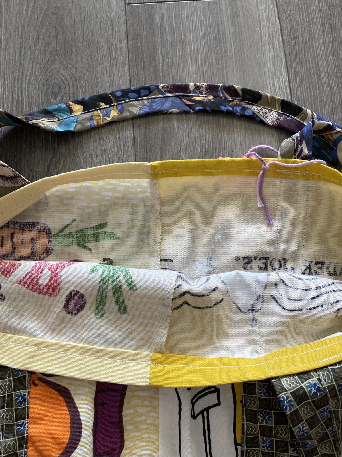 Trader Joe Tote Bag With Two Different Design Using Ties As Handles 17x13x5 1/2