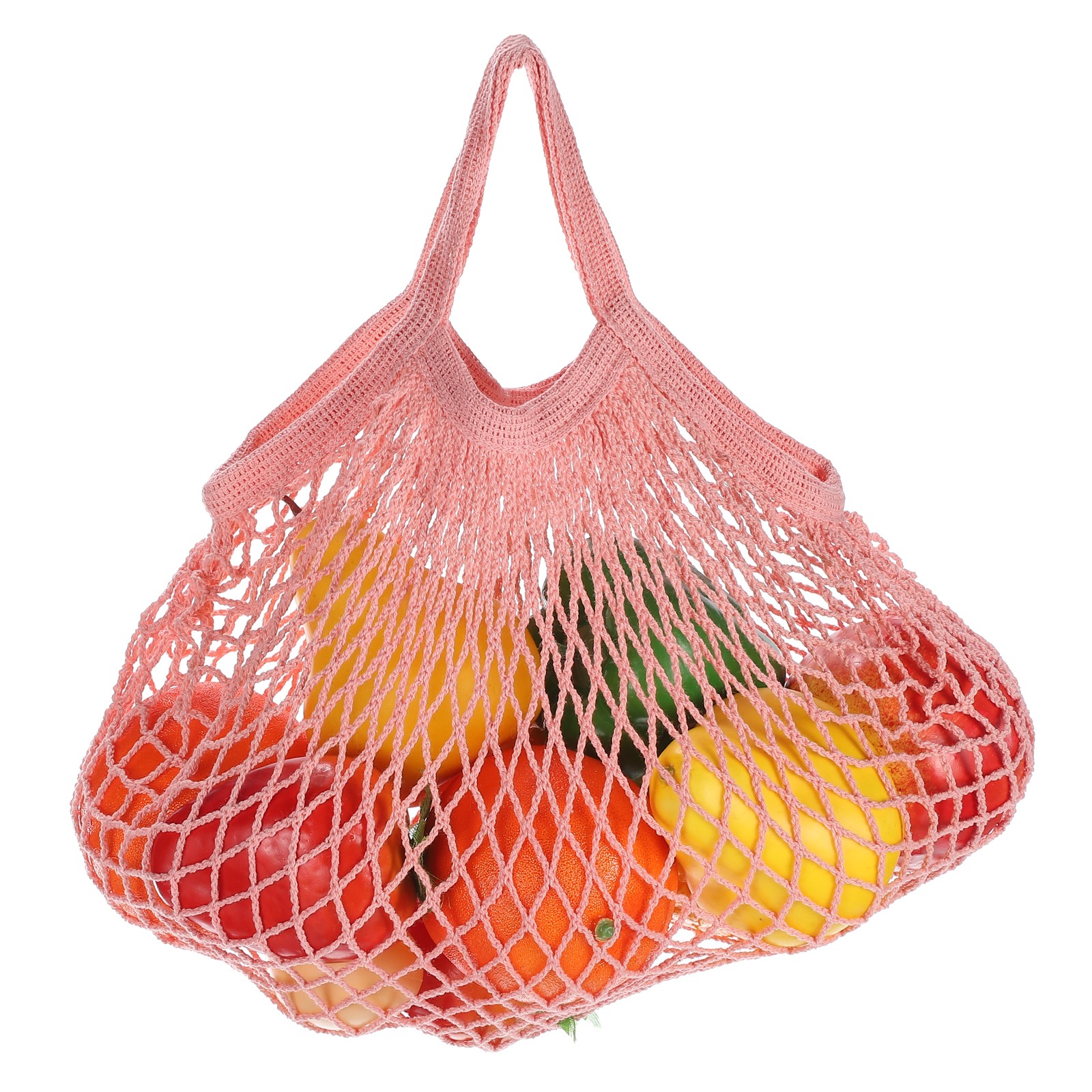 Reusable Mesh Produce Storage Bag Washable Portable Bag Short Handle, Peach Pink