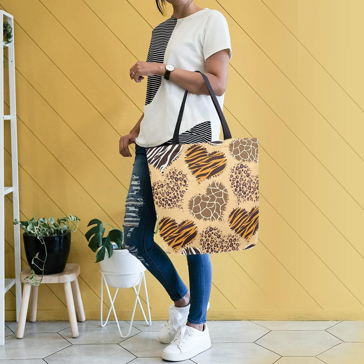 Leopard Giraffe Zebra Print Canvas Tote Bag Large Women Casual Shoulder Bag H…