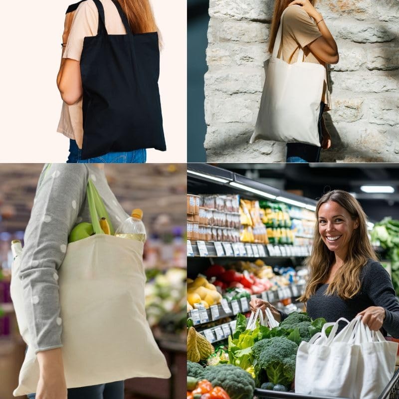6 Pack Natural Canvas Cotton Tote Bags 15×16 – Heavy-Duty Reusable Canvas Tot…