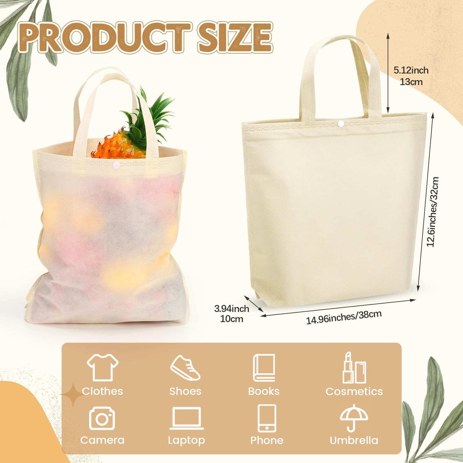 100 PCS Reusable Grocery Bags, Bulk Non Woven, Portable Foldable Tote, Button