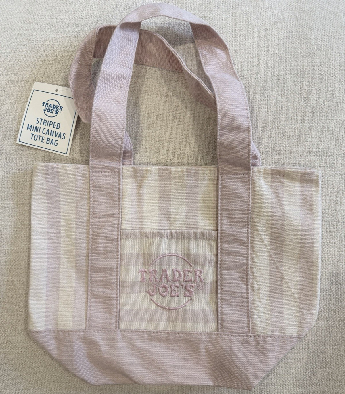 Trader Joe’s Striped Mini Canvas Tote Bag Pink/White Reusable 13x6x5 in