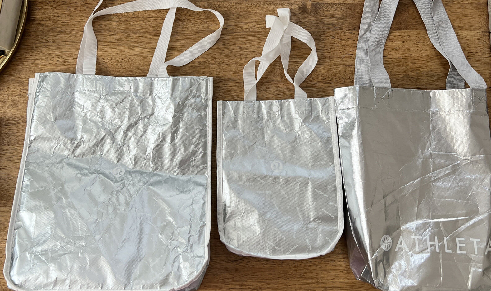 Lot Of 3 Lululemon & Athleta Reusable Shopping Bags Small & Medium Silver Tone