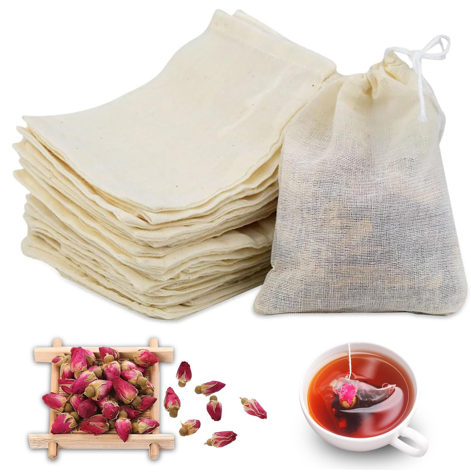 EYBDYB 30 PCS Reusable Cotton Tea Bags with Drawstring – 3×4 inches, Beige