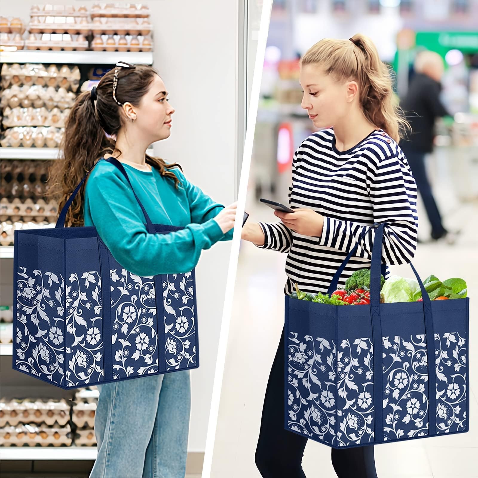 Reusable Grocery Bags Foldable Tote Bulk with 4-pack, Blue