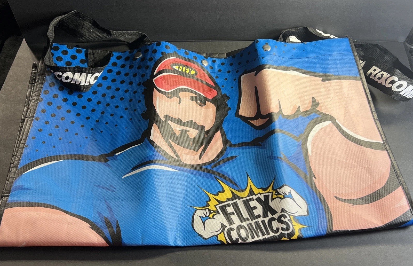 OVERSIZE “Flex Comics” LAUNDRY/BEACH GROCERY TOTE BAG HANDLES & FLAT BOTTOM Rare