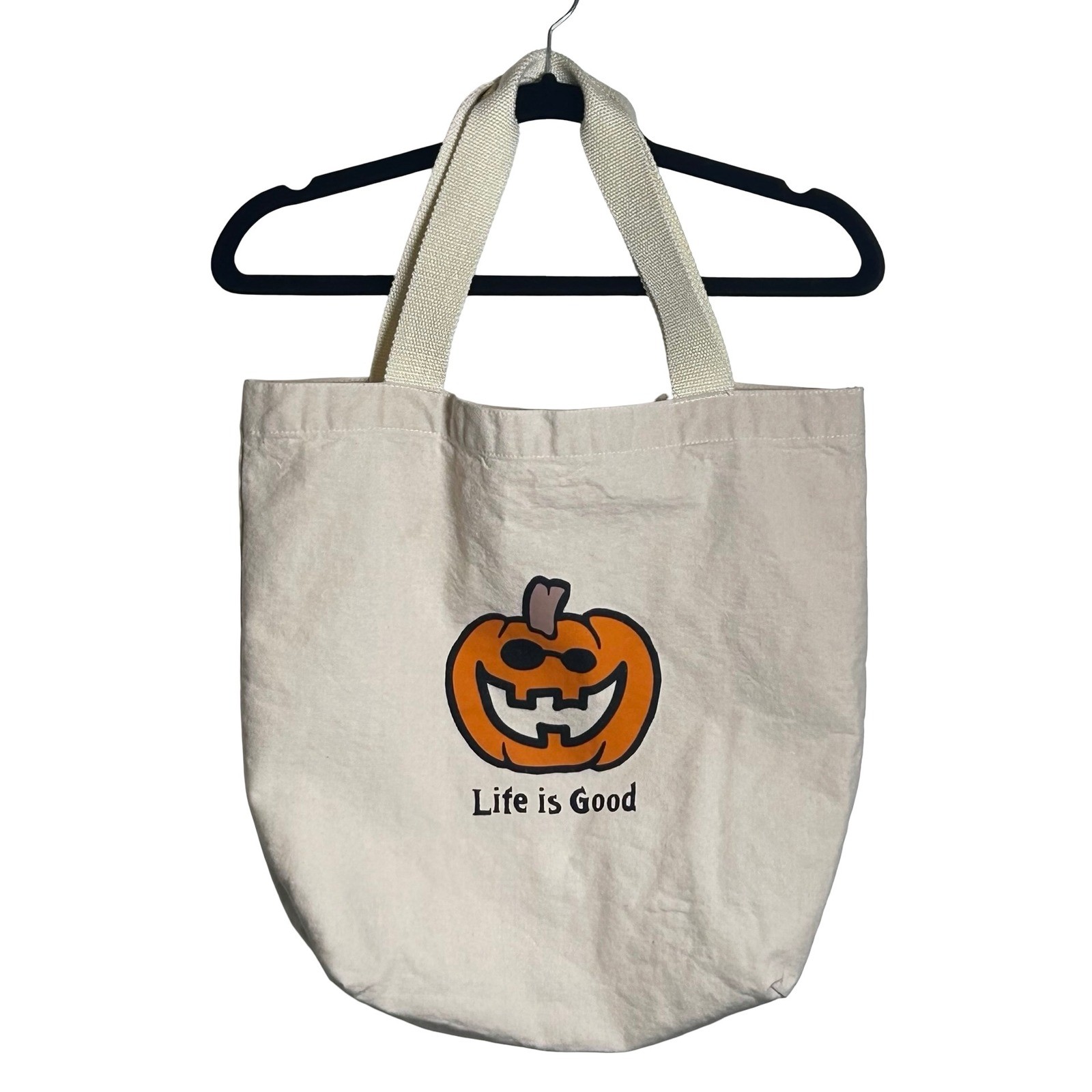 Life is Good Pumpkin Halloween Graphic Canvas Tote Bag Novelty Jack-O-Lantern