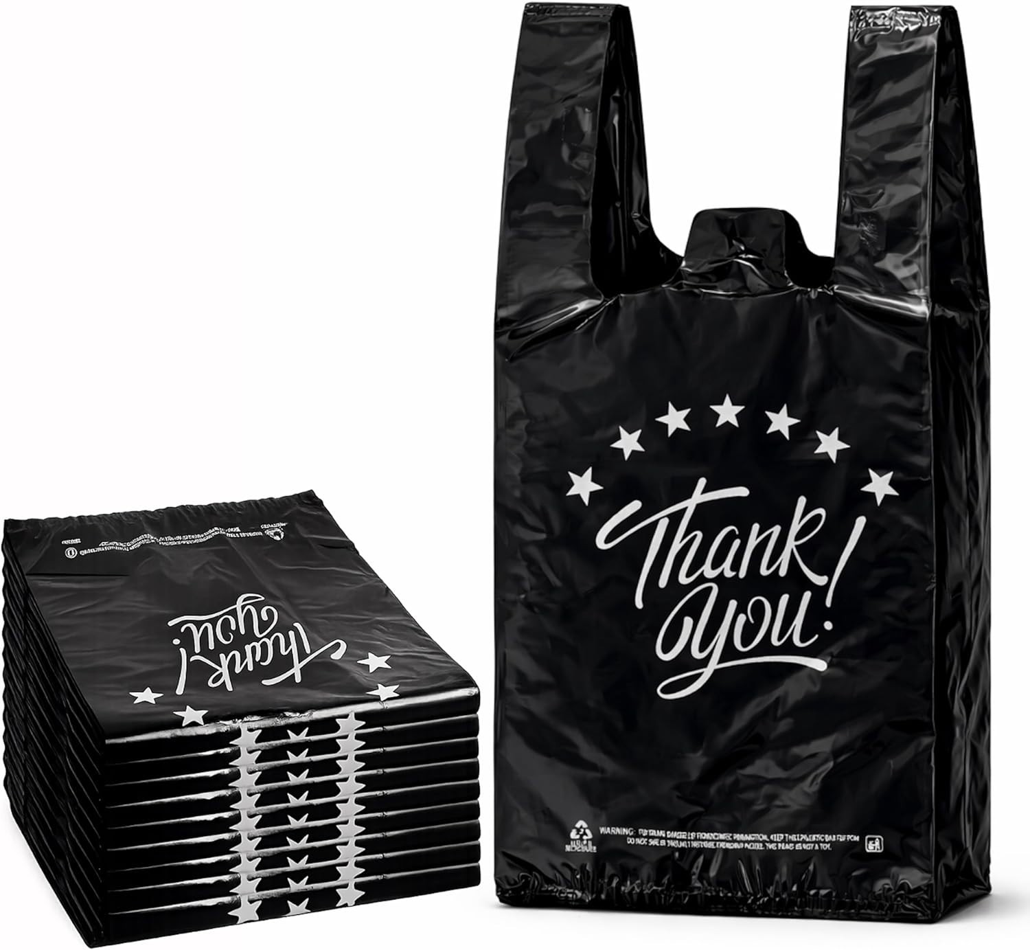 100-Pack Sturdy Black Thank You T-Shirt Bags, Large Grocery Bags 11x6x21