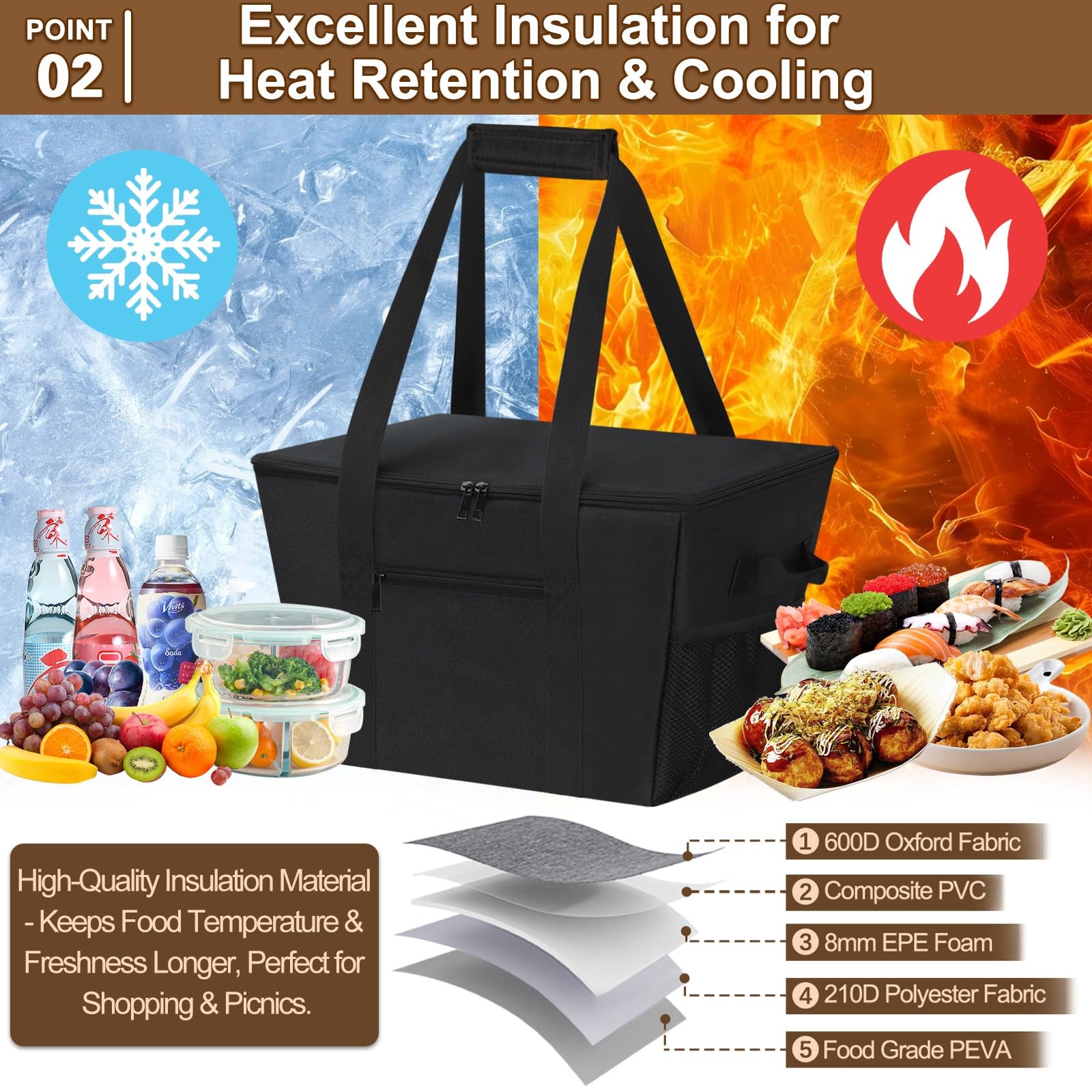 Insulated Grocery Bags Removable Bottom Board Zippered Top Drawstring Cooler