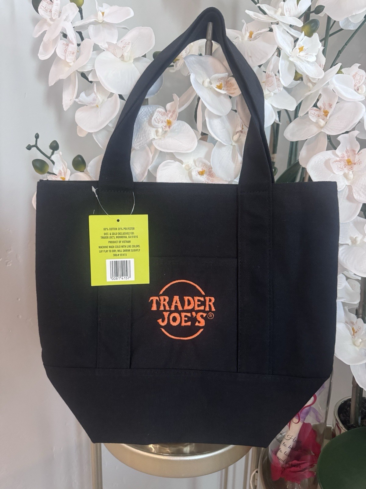 Trader Joe’s Reusable Tote Shopping Bag Black Orange Cotton/Polyester 12x6x8
