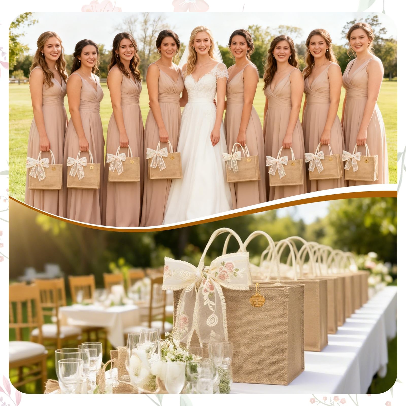 8 Pack Burlap Jute Tote Bag with PE Lined Water-Resistant Interior, 13x9x5 In…