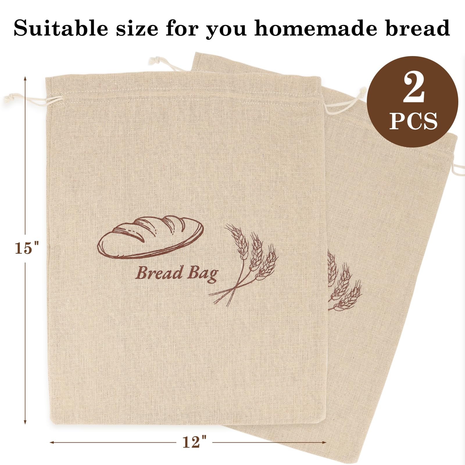 2 Pack Reusable Linen Bread Storage Bags with Plastic Lining, Sourdough Bread Ke