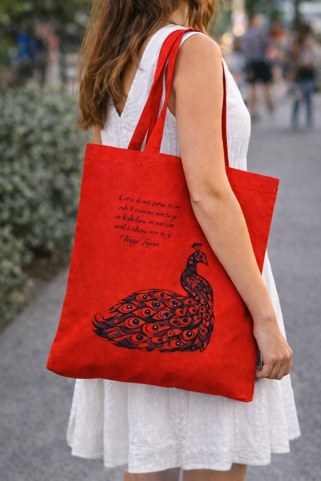Peacock Art Canvas Tote Bag Red Ethnic Folk Design Reusable Shopping Bag 16.5×15