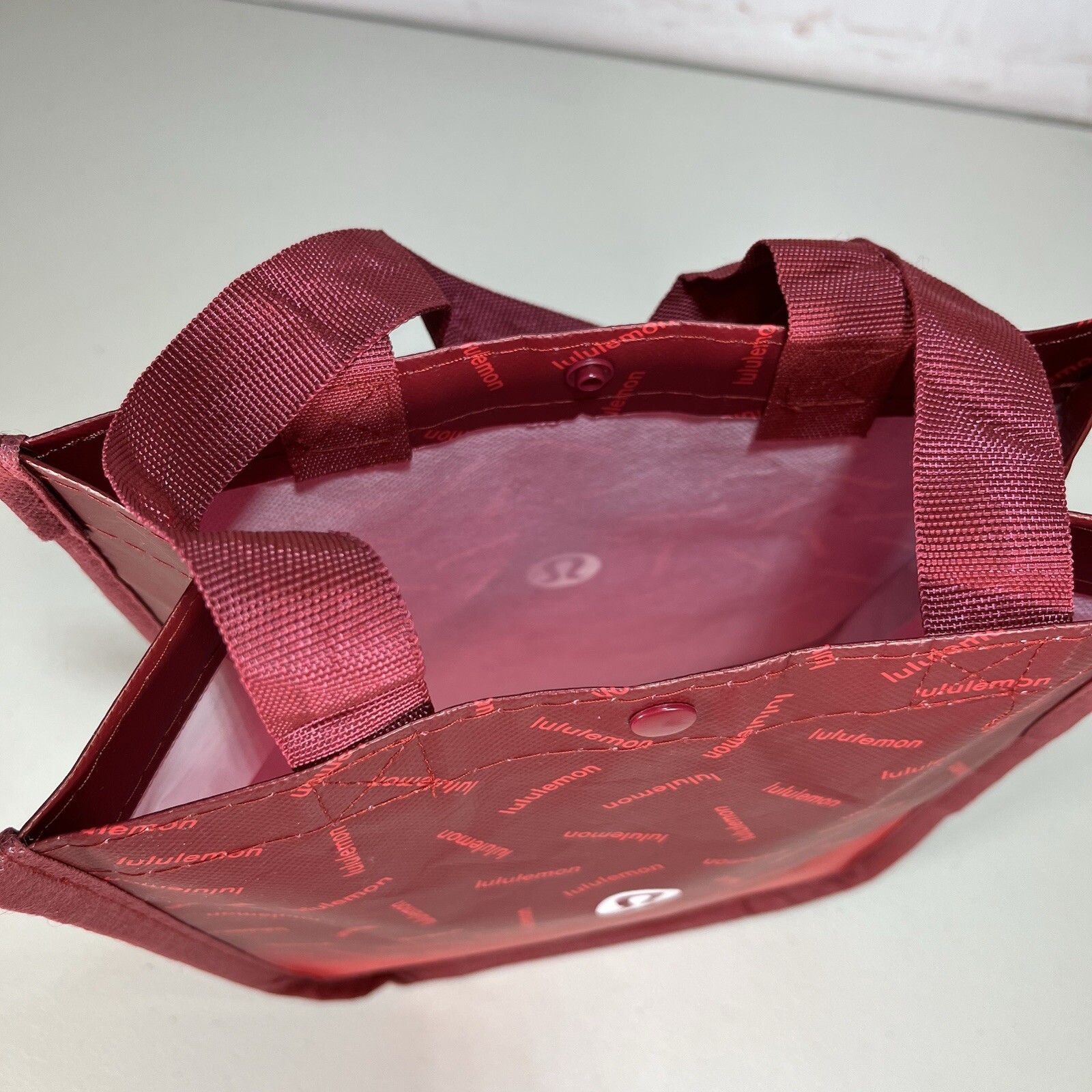 Lululemon Reusable Tote Shopping Bag Maroon All Over Print Logo 11x9x4