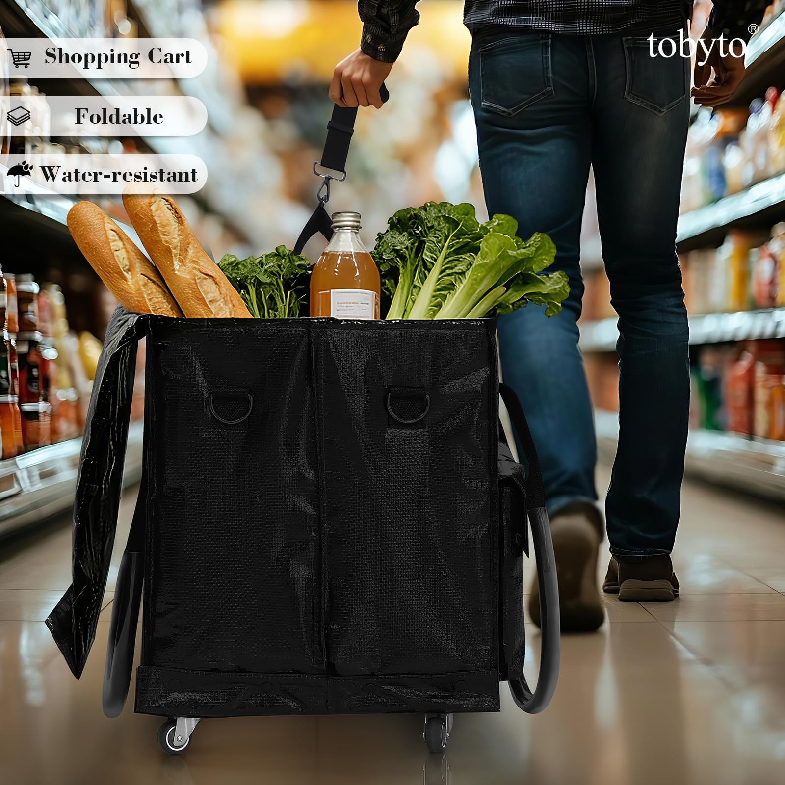 Reusable Grocery Bag on Wheels, 105L Foldable Rolling Tote, Shopping Trolley …