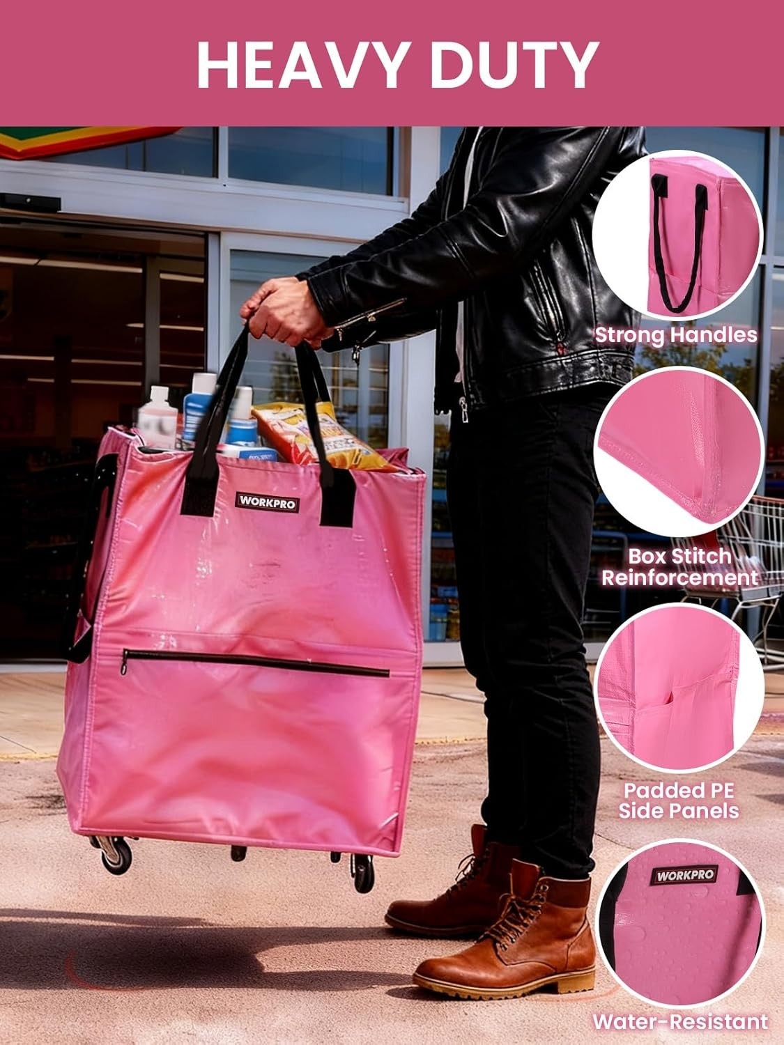 Large Rolling Grocery Bag Polyethylene 36-Gallon 5 Wheels Carry & Storage