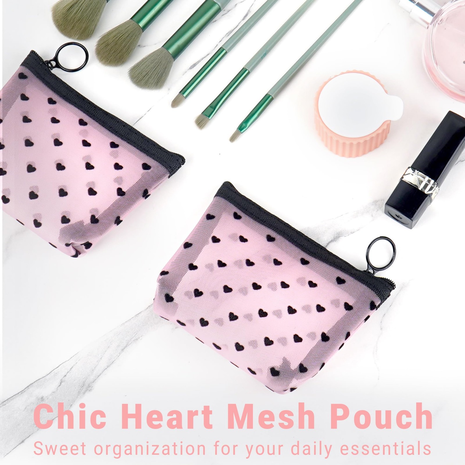 Adorila 6 Pack Mini Mesh Makeup Bags, Heart Print Mini, Black/Beige/Pink