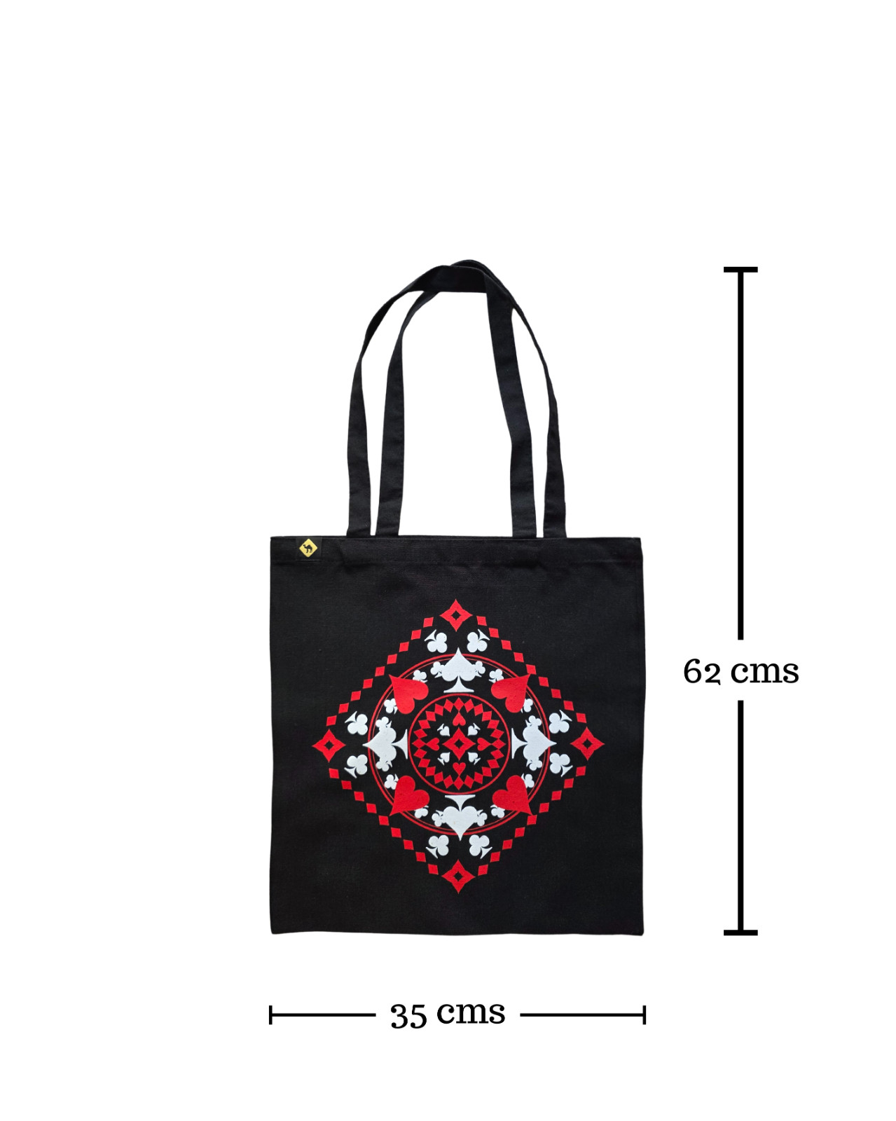Black Cotton Durable Large Tote Bag with Red and White Playing Cards Print