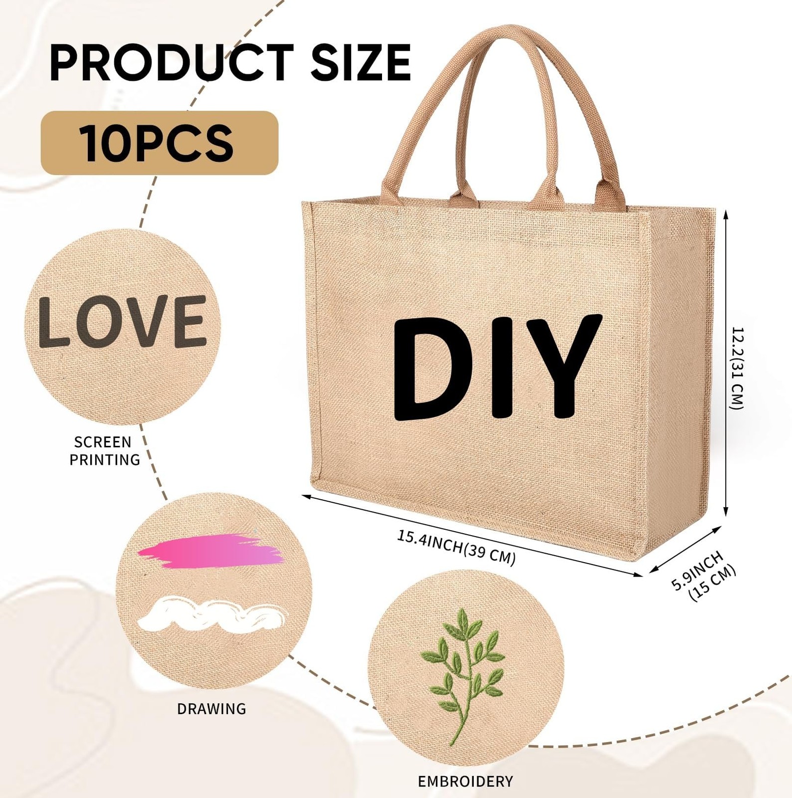 10 Pack Large Burlap Tote Bags Bulk, Reusable Jute Tote Bag with 10Yd Ribbon …