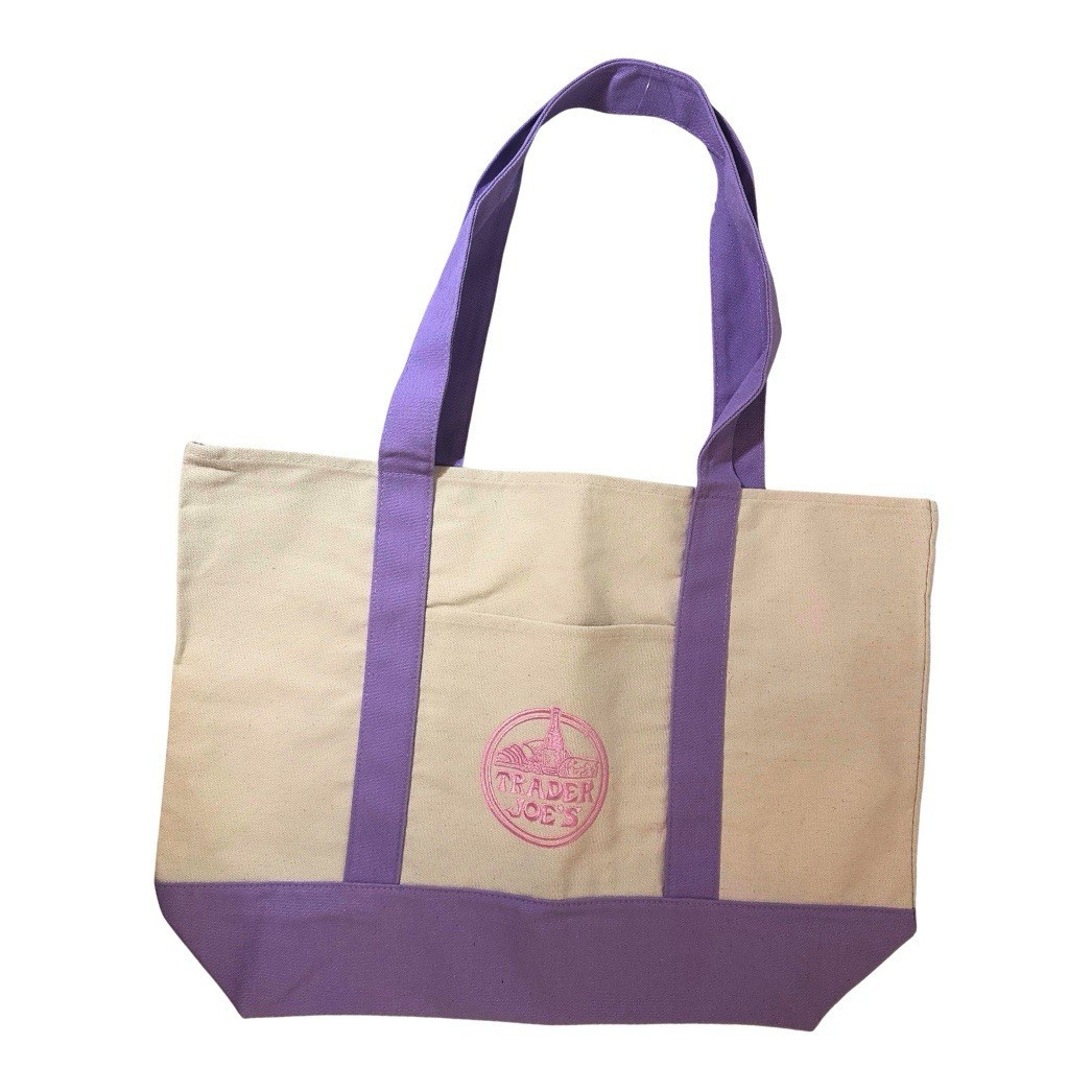 Trader Joe’s Reusable Large Tote Bag Beige/Purple Cotton Blend 20x13x6 35qt
