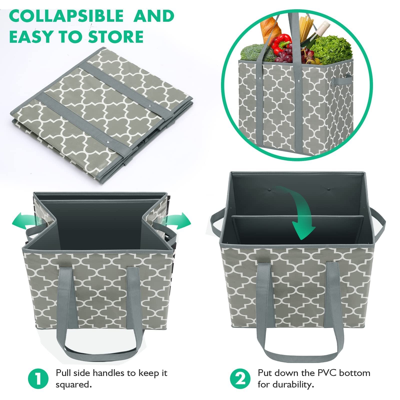 4 PCS Reusable Grocery Bags Foldable Washable Storage Bin Basket Utility Grey