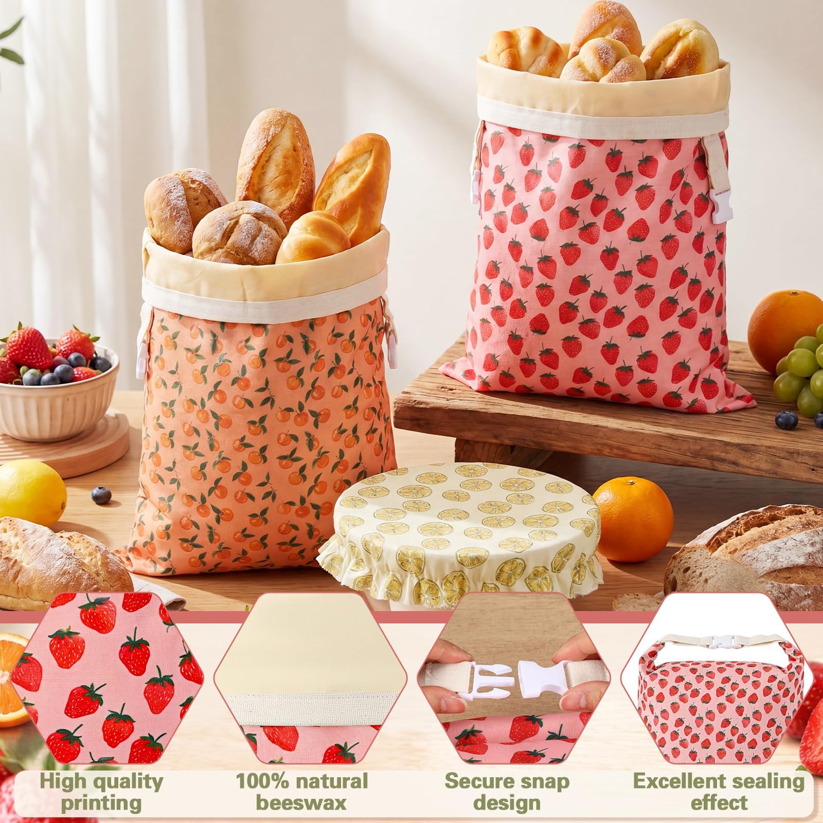 13 x 17 inches (bread bag), 10 (bowl cover), red, yellow, orange