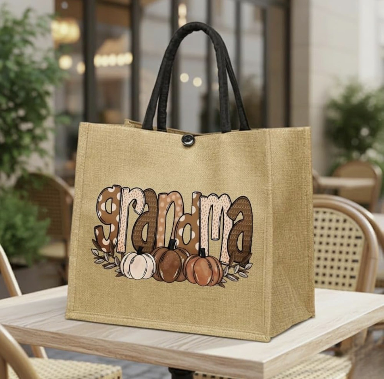 Large Grandma Fall Jute Tote Bag – Reusable Burlap Shopping Bag with Pumpkins