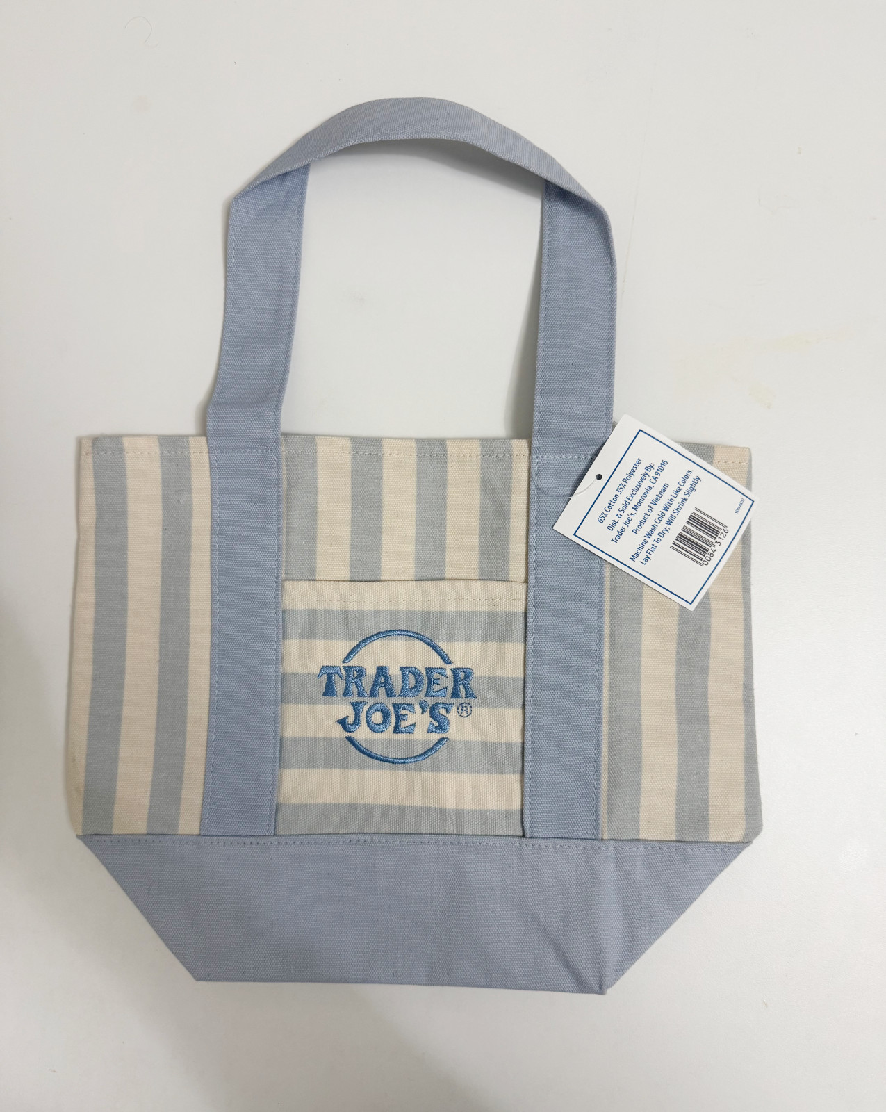 Trader Joe’s Limited Mini Canvas Pastel Striped Tote Bag 2026 Light Blue