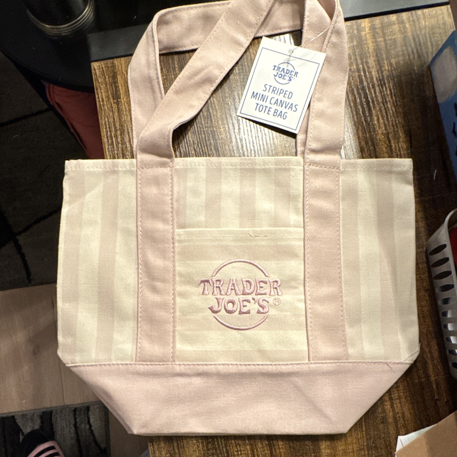 Trader Joe’s Striped Mini Canvas Reusable Tote Bag Beige/Pink 12.25×8.5×5 in