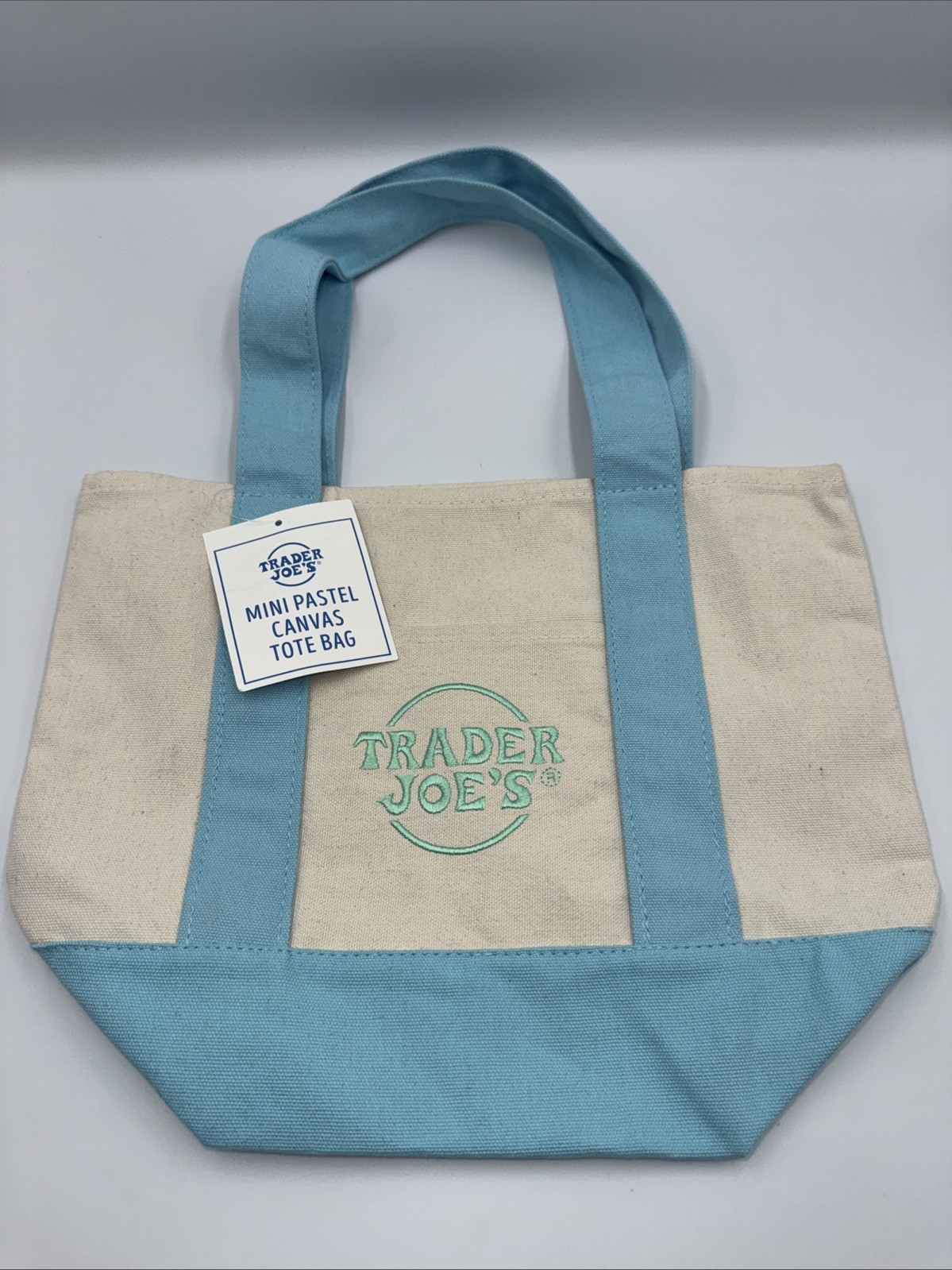 NWT Trader Joe’s Mini Pastel Canvas Tote Bag Light Blue Summer Spring