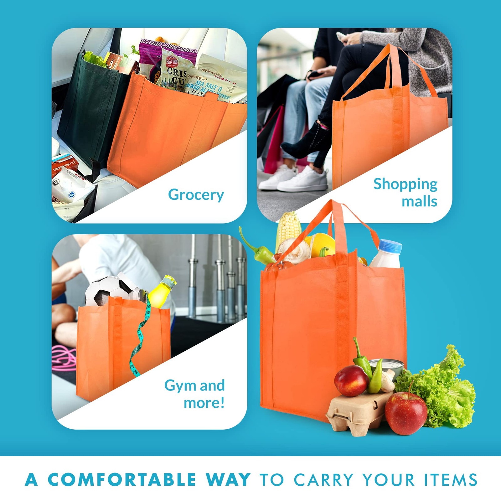 10 Pack Reusable Grocery Bags, Orange, 13x15x10, Wide Tote, 20-Inch Handle