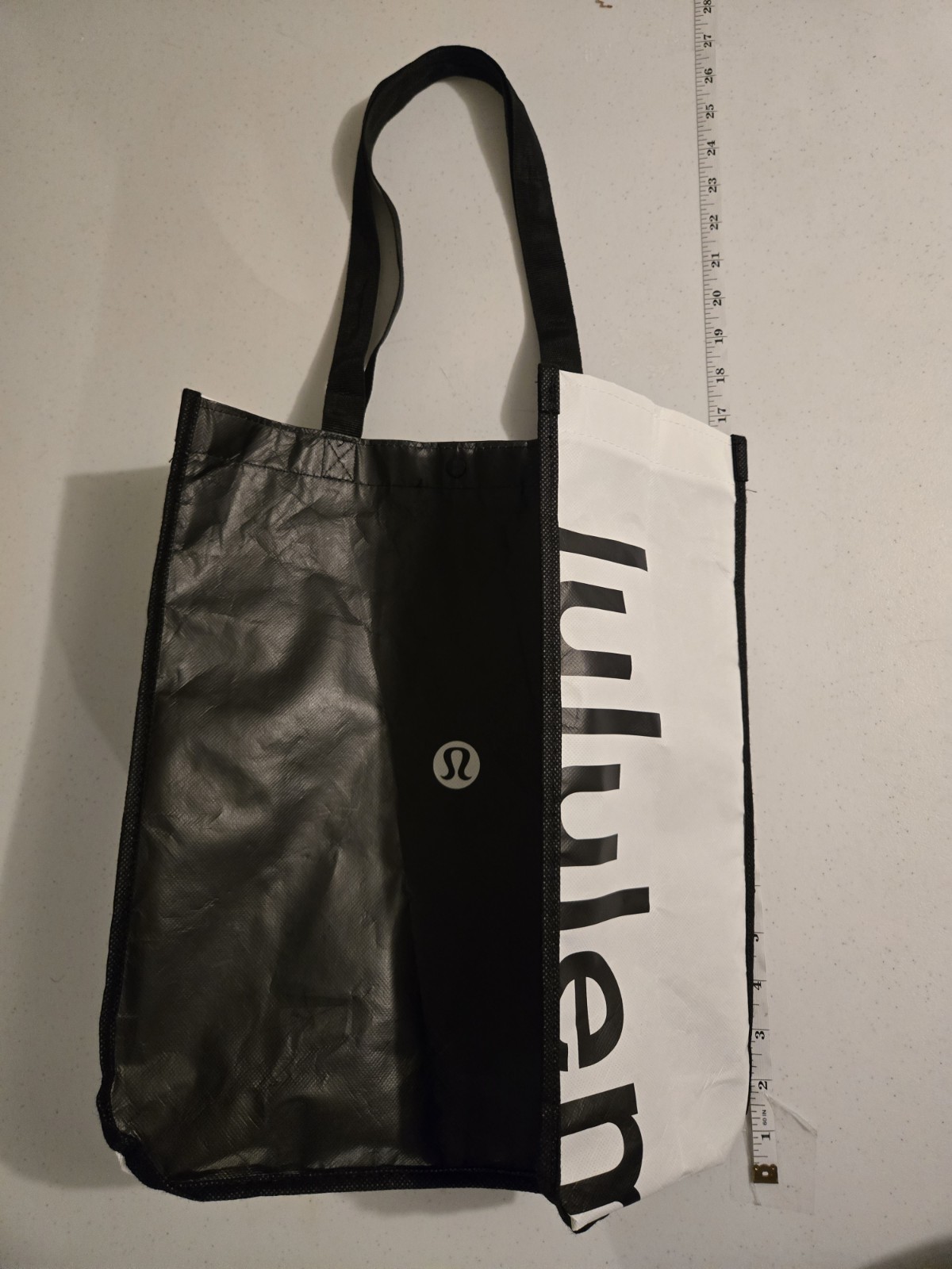 Lululemon Reusable Shopping Bag Black and White Logo, 16x14x6.5 Inches Button