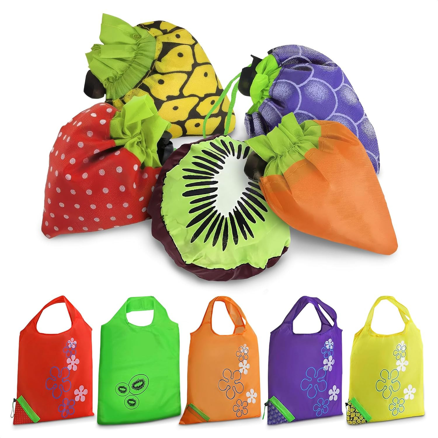 5 Pcs Fruit Micro Tote Bag – Reusable Grocery Bags Foldable with 15″X15″ Capacit