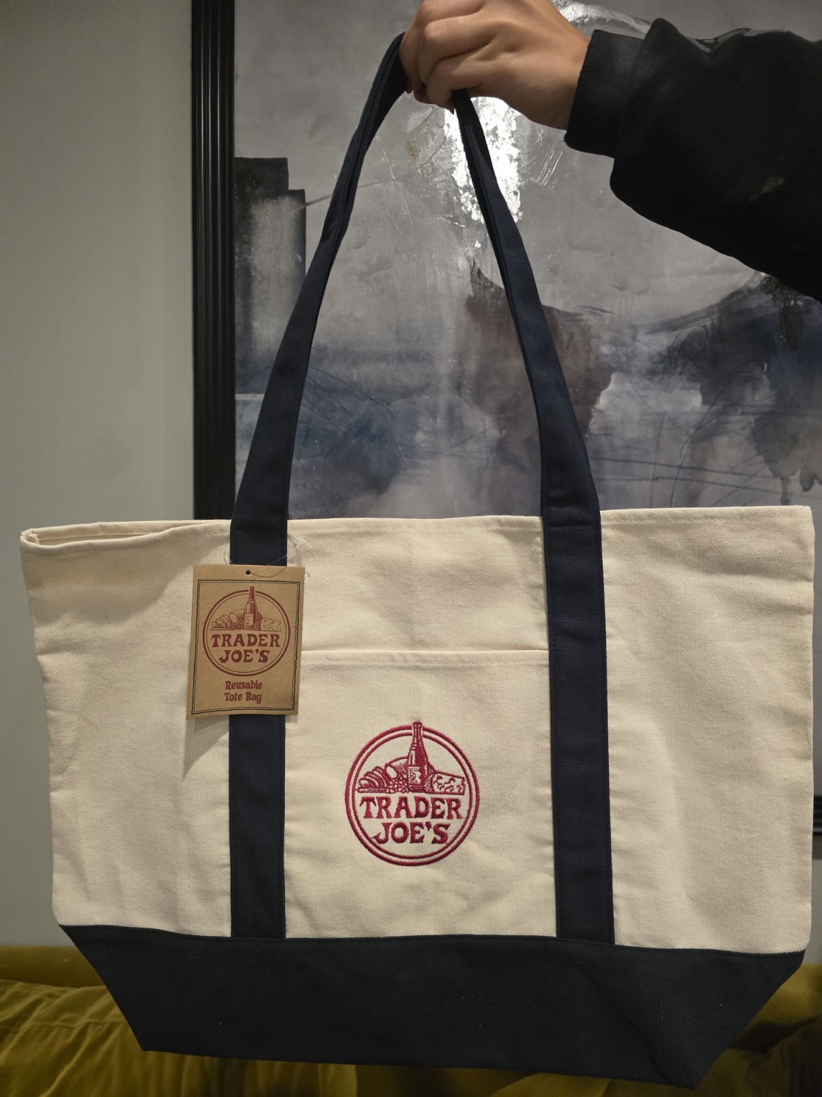 Trader Joe’s LARGE Reusable Heavy Canvas Shopping Bag, Off White & Navy Blue